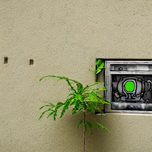 Image similar to A robot stuck in a wall, HD, plants overgrown, intricate detail