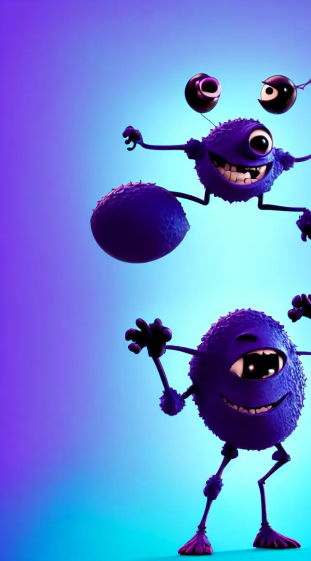 Image similar to a full studio shot of a virus as a pixar character against a dark cyan backdrop. it is cute, evil and adorable.