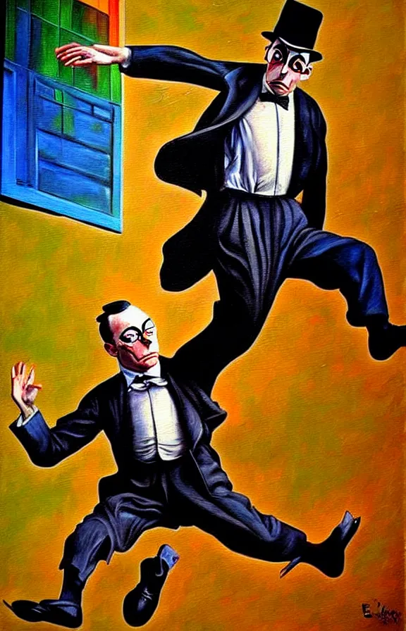 Prompt: buster keaton jumping of a building, expressive oil painting, incredible detail, colorful art