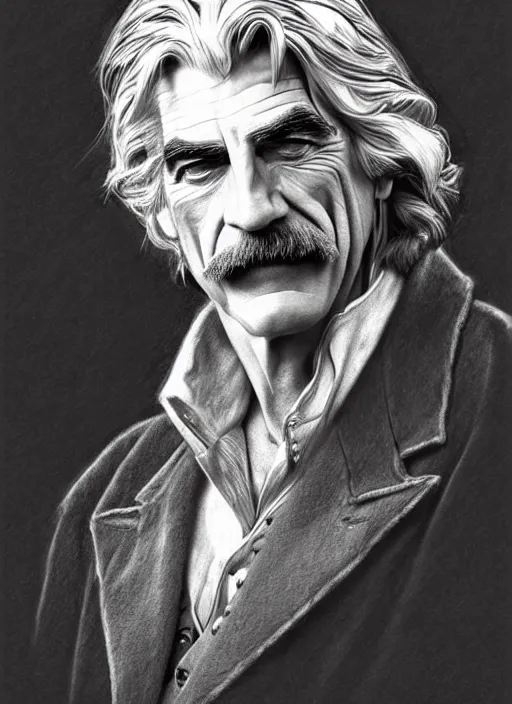 Prompt: hyperrealist pencil sketch of sam elliott as dracula by david malan and alphonse mucha, fantasy art, pencil hatching, dynamic lighting, artstation, poster, volumetric lighting, very detailed faces, 4 k, award winning