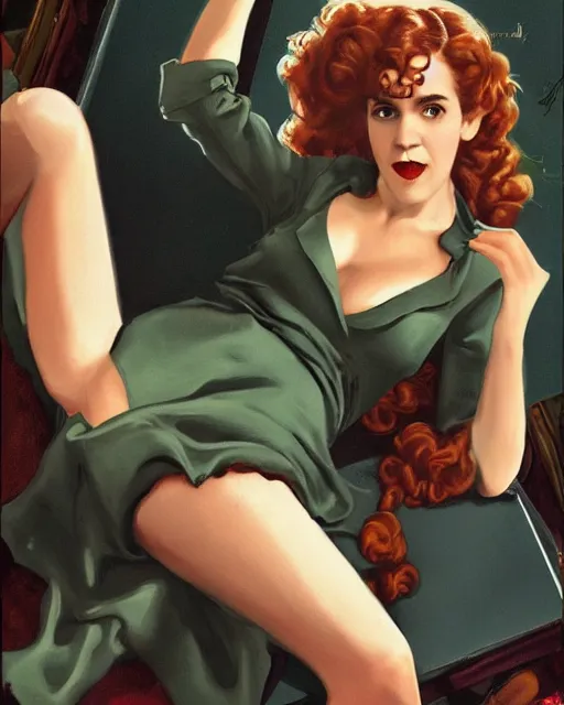 Prompt: pinup photo of hermione granger by emma watson in the crowded square of hogwarts, gil elvgren, enoch bolles, kezie demessance, glossy skin, pearlescent, very coherent, very detailed