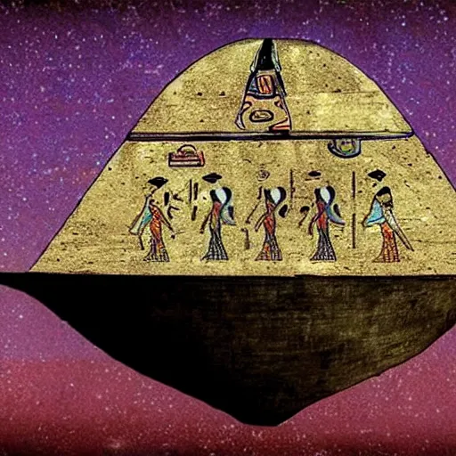 Image similar to Ancient Egypt Art, art of a Alien Spaceship in art style of ancient art, fragmented, an Alien Spaceship!!!!! Ancient Egypt art