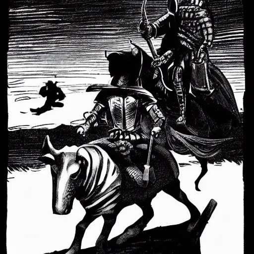 Prompt: A knight using a tapir as a steed. Dark Fantasy, Film Noir, Black and White. High Contrast, Mike Mignola, D&D, OSR