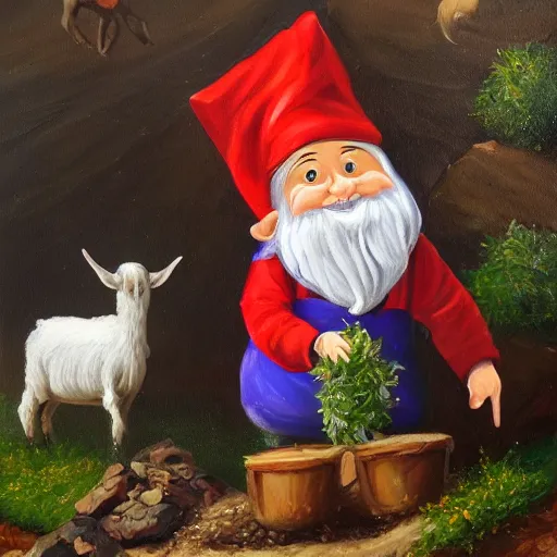 Image similar to a gnome having delight with goat manure, a detailed oil painting