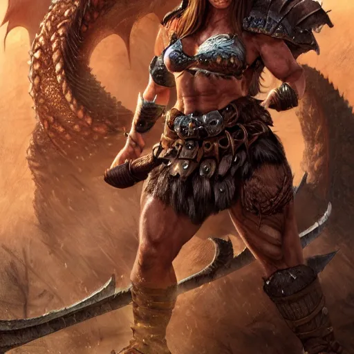 Image similar to a muscular female barbarian in heavy armor standing on a dragons corpse, au naturel, hyper detailed, digital art, trending in artstation, cinematic lighting, studio quality, smooth render, unreal engine 5 rendered, octane rendered, art style by klimt and nixeu and ian sprigger and wlop and krenz cushart