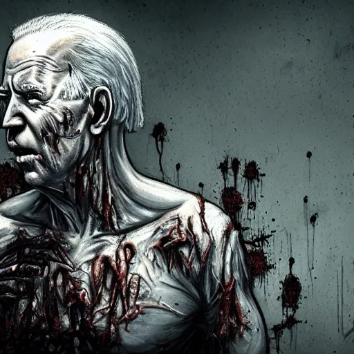 Image similar to joe biden as a rotting zombie, full body portrait, in a front of podeum, horror core, apocalyptic, feeling of grimdark, sharp focus, fiction, hyper detailed, digital art, trending in artstation, cinematic lighting, studio quality, smooth render, unreal engine 5 rendered, octane rendered, art style and nixeu and wlop and krenz cushart