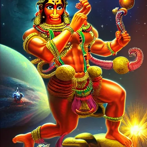 Prompt: the cosmic battle of the indian gods with hanuman from starcraft