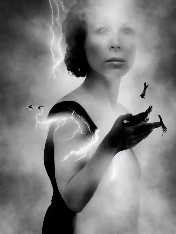 Image similar to portrait of iconic beautiful woman in sophisticated black dress keeping in hands white birds that flying apart turning to smoke and fire and dust. 35mm double-exposure photo, thick fog, daylight, deep shadows, depth of field, cinematic lightning, wide angel, eerie atmosphere, motion blur, HD, smooth and very detailed quality, masterpiece, volumetric lightning, chromatic aberration, Richard Avedon, style of Ade Santora, Tatiana Gorilovsky, cinematic composition, occult, german expressionism, masterpiece, intricate detailed, deep rich palette, wide angel shot