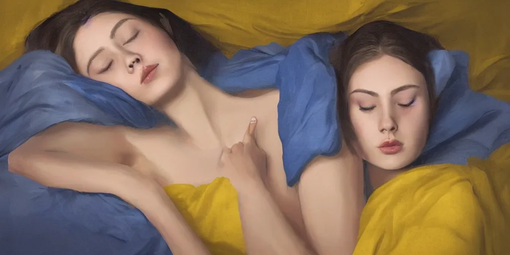 Prompt: beautiful oil matte portrait painting, young woman with closed eyes lying on a red bedsheet with blue pillows wearing a mustard yellow dress, detailed face, wonderful masterpiece highly detailed, beautiful cinematic light deep focus, elegant, digital painting, smooth, sharp focus, golden ratio, dramatic illumination, ultra realistic, 8 k, art by jimmy law