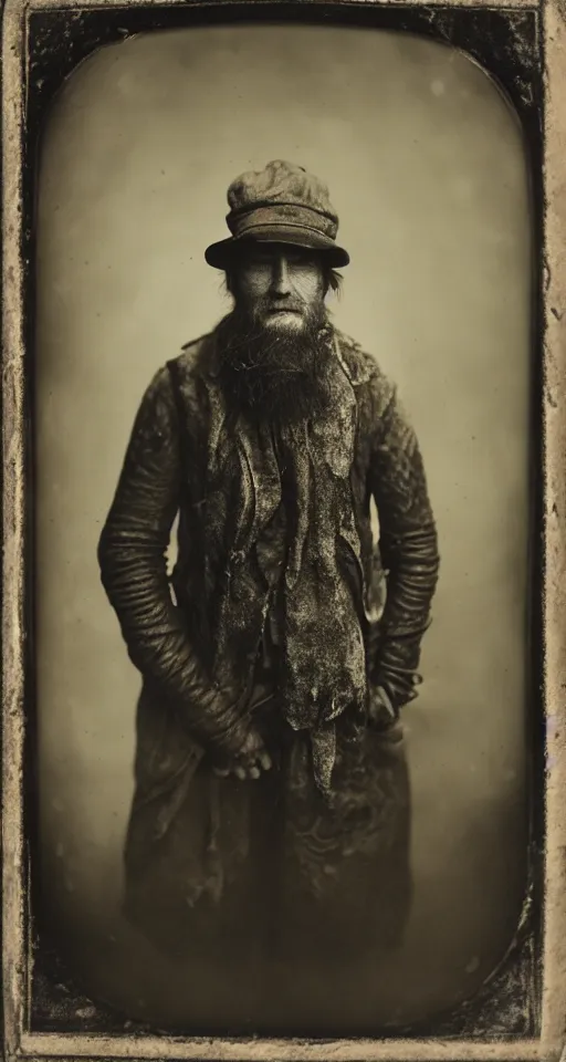 Prompt: a highly detailed wet plate photograph, a portrait of a hunter