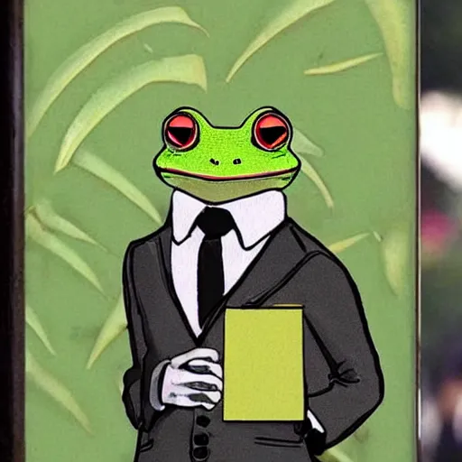 Image similar to a frog 🐸 wearing a suit smoking a cigar