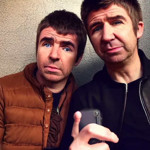 Image similar to LIam and Noel Gallagher taking a selfie together in 2022, real life, hyperrealistic, ultra realistic, realistic, highly detailed, epic, HD quality, 8k resolution, body and headshot, Trending on Artstation, very realistic