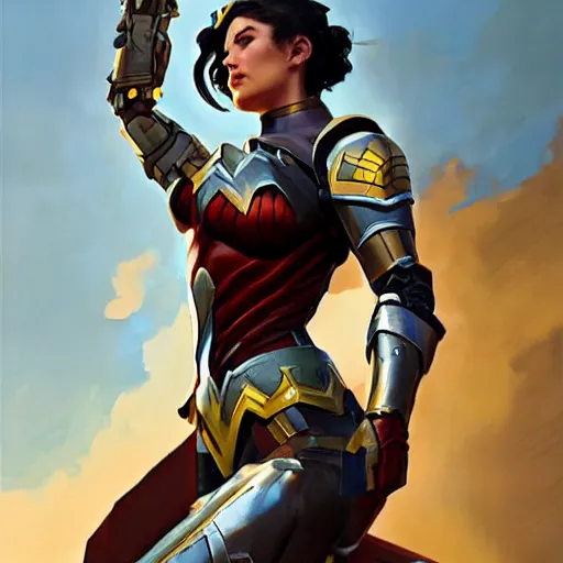 Image similar to greg manchess portrait painting of armored wonderwoman as overwatch character, medium shot, asymmetrical, profile picture, organic painting, sunny day, matte painting, bold shapes, hard edges, street art, trending on artstation, by huang guangjian and gil elvgren and sachin teng