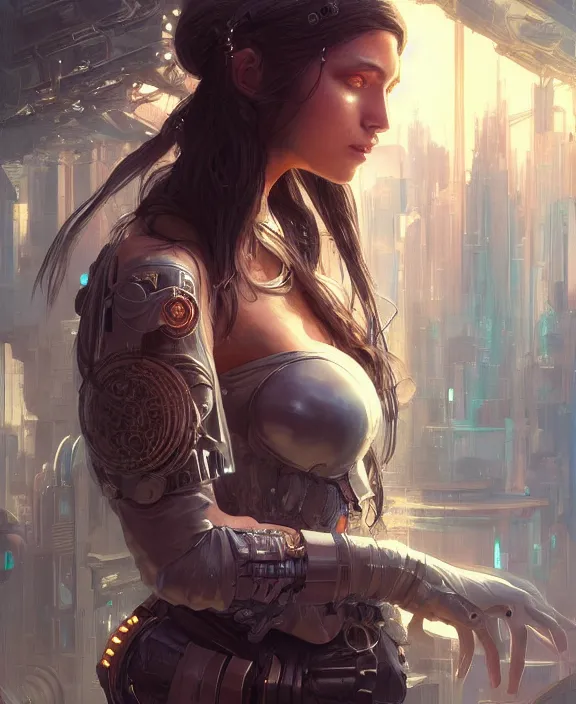 Prompt: portrait of a cyberpunk beautiful goddess, soft hair, half body, d & d, fantasy, intricate, elegant, highly detailed, digital painting, artstation, concept art, art by artgerm and greg rutkowski and alphonse mucha