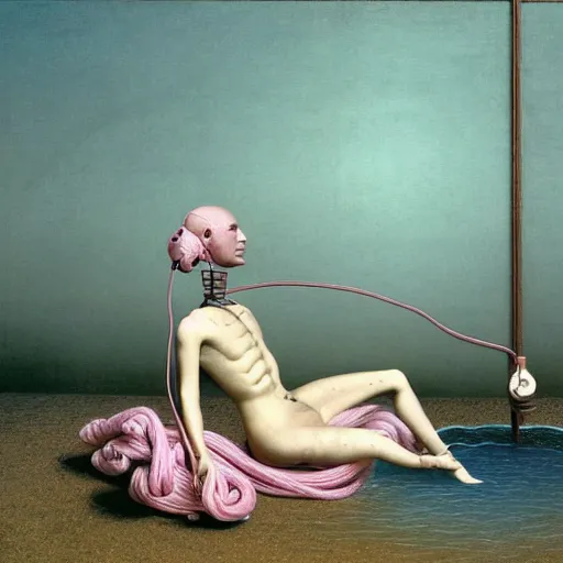 Image similar to Kenne Gregoire, award winning masterpiece with incredible details, Zhang Kechun, a surreal vaporwave vaporwave vaporwave vaporwave vaporwave painting by Thomas Cole of an old pink mannequin head with cables and wires coming out of it's neck, sinking underwater, highly detailed