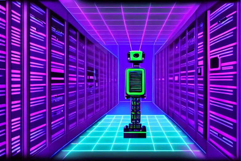 Prompt: realistic robot in a data server room, neon and dark, purple and blue color scheme, by dan mumford and alberto giacometti