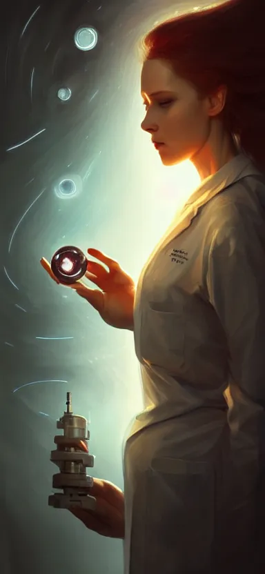Prompt: a portrait art of a beautiful female scientist in a laboratory holding a small black hole in her hands, inspired art by istvan sandorfi and greg rutkowski, concept art, stylised, elegant, illustration, high quality, highly detailed, long hair, digital art, futuristic art style, artstation