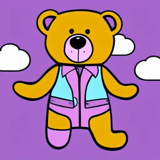 Image similar to cartoon bear wearing clothes being launched out of a futuristic machine into a purple and orange cloud land