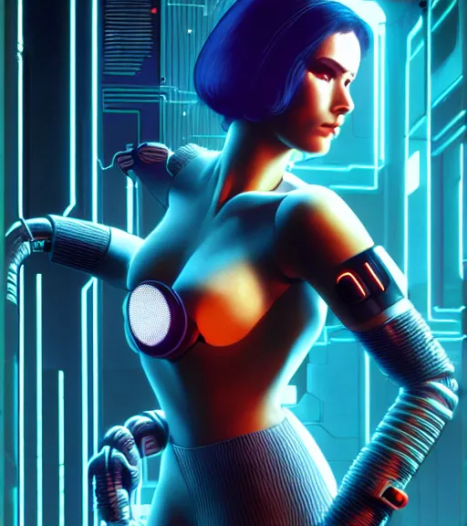 Image similar to cable inserted into head, jacked into cyberdeck wrist terminal, very very beautiful cyberpunk woman, computer, 1 9 7 9 omni magazine cover, style by vincent di fate, cyberpunk 2 0 7 7, very coherent, detailed, 4 k resolution, unreal engine, daz