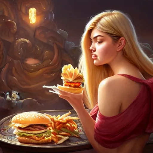 Prompt: Kate Upton devouring big macs, serving fries, eating burgers, dripping BBQ Sauce, D&D, fantasy, intricate, elegant, highly detailed, digital painting, artstation, concept art, matte, sharp focus, illustration, hearthstone, art by Artgerm and Greg Rutkowski and Alphonse Mucha