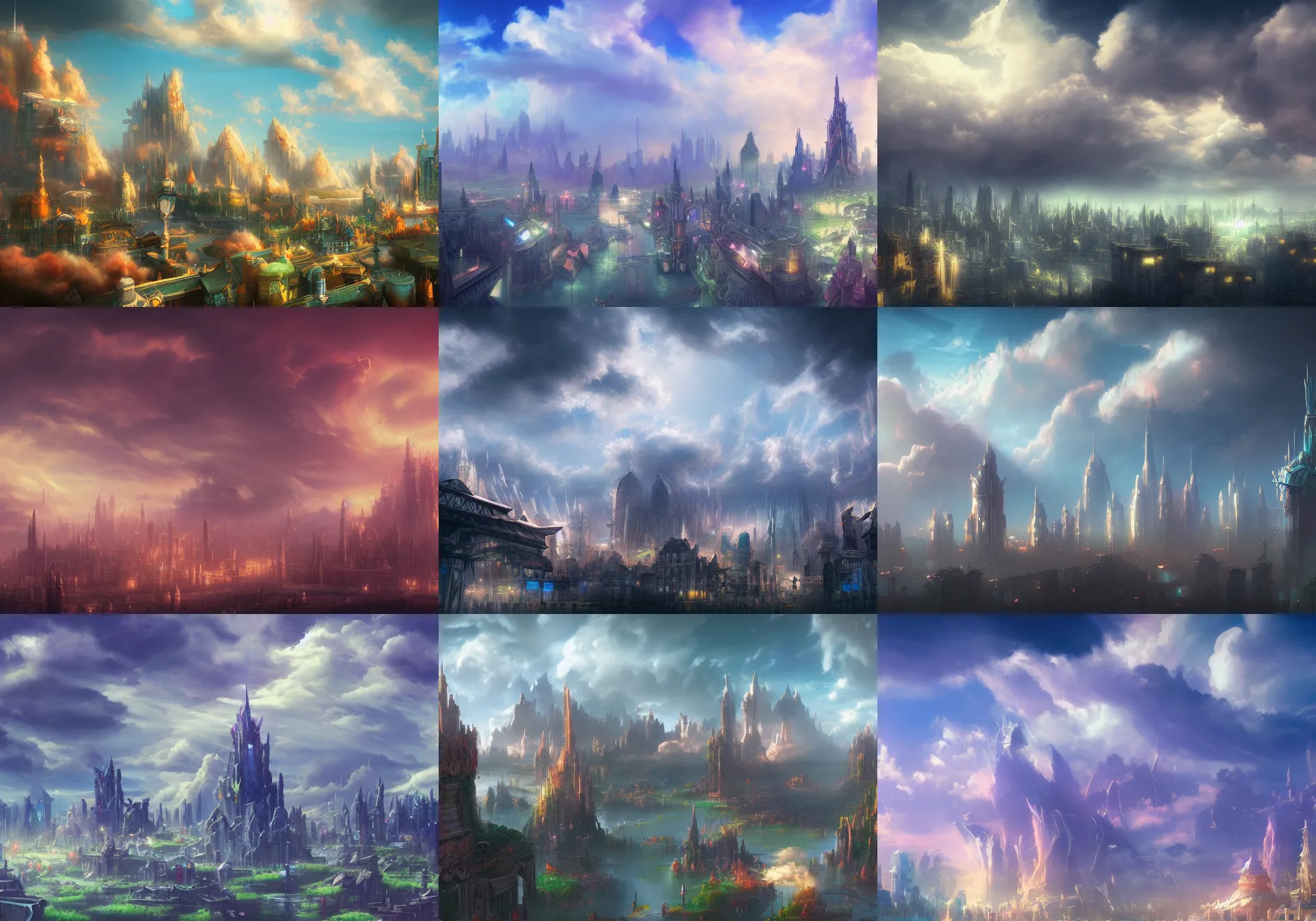 Prompt: fantasy city, clouds in the sky, landscape mode, artstation, high realism