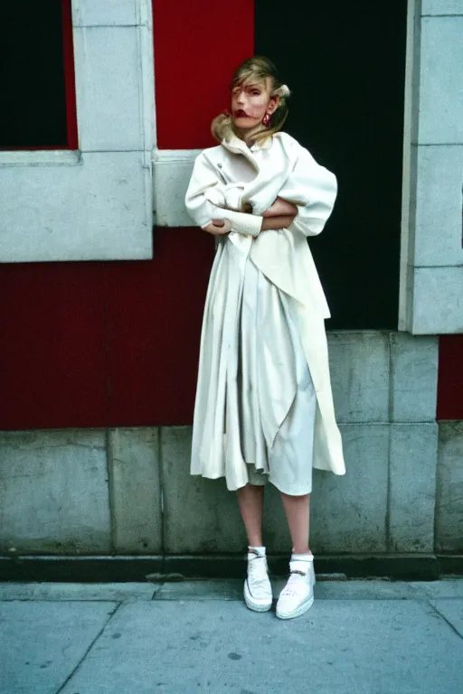 Image similar to high quality realistic street photo of girl, stylish hairstyles, clothes in the style of 1 9 9 0, fashion style clothes from maison margiela and off - white ; kodak ektar, 2 0 0 iso, 3 5 mm lens, bill henson style beautiful chiaroscuro lighting, beautiful colour palette, beautiful and realistic, wide shot