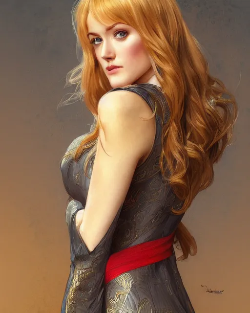 Image similar to katherine mcnamara wearing a golden dress, grey hair, red necktie, cinematic, stunning, highly detailed, digital painting, artstation, smooth, hard focus, full body shot, illustration, art by artgerm and greg rutkowski and alphonse mucha