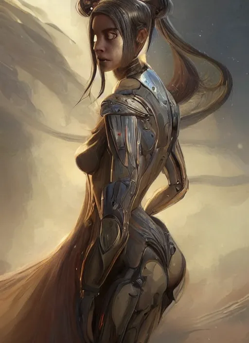 Image similar to a professional painting of a beautiful young female alien, clothed in ethereal armor, olive skin, long dark hair, beautiful bone structure, symmetrical facial features, intricate, elegant, digital painting, concept art, smooth, sharp focus, illustration, from Valerian and the City of a Thousand Planets, by Ruan Jia and Mandy Jurgens and Artgerm and William-Adolphe Bouguerea