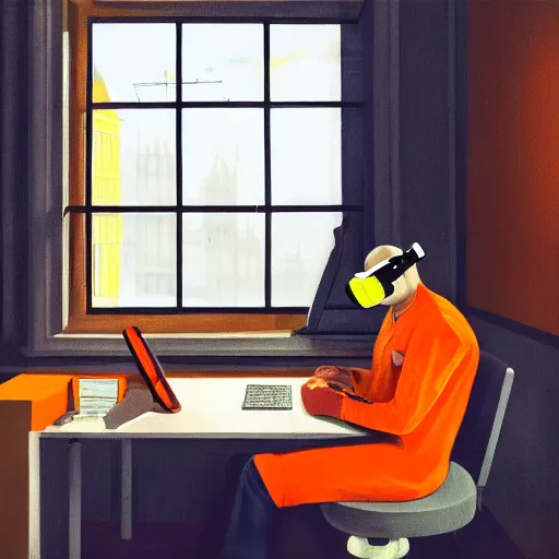 Image similar to A fine art painting of a man wearing Vr goggles dressed in orange overalls and creating the metaverse at a desk with screens, view from outside through a window on a British street. In the style of Edward Hopper and Wes Anderson