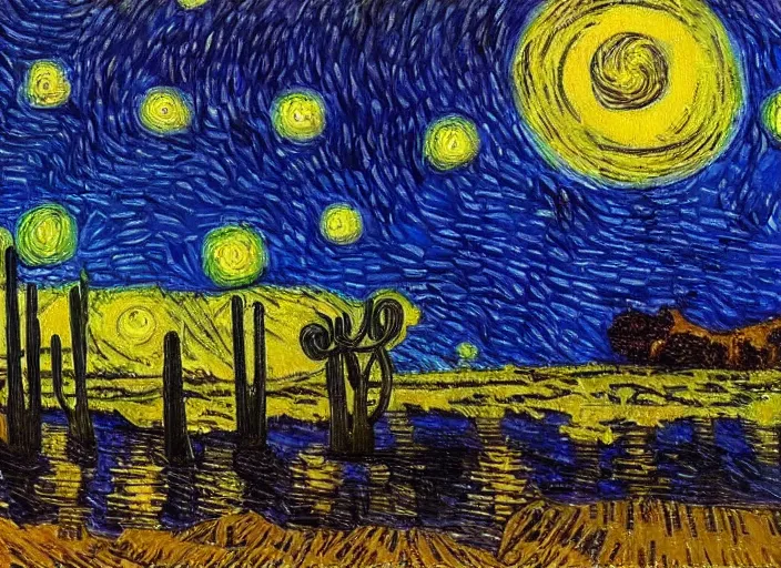 Image similar to painting of a desert oasis at night, inspired by Starry Night, Vincent Van Gogh