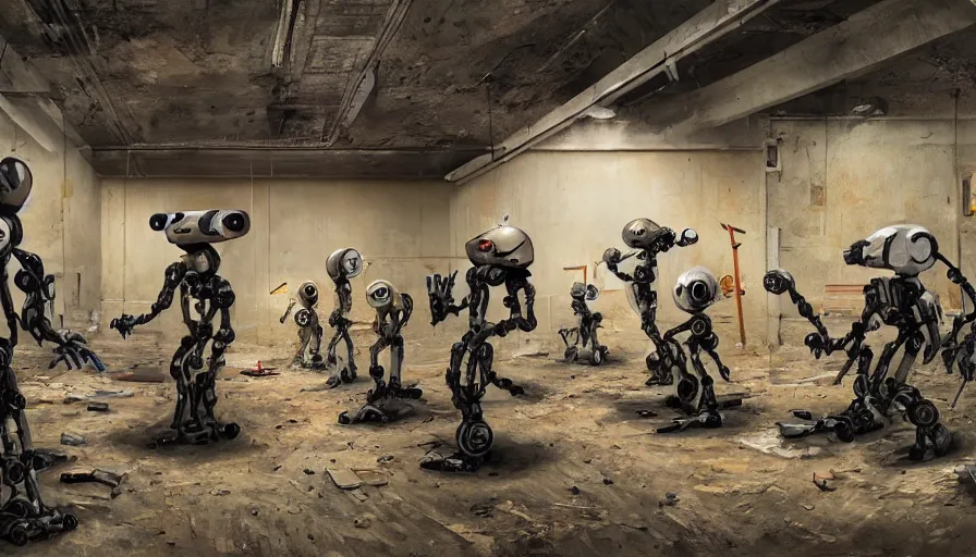 Image similar to robots in an abandoned decrepit art gallery, robots stand in front of landscape paintings, robots holding paintbrushes and easels, landscape paintings on canvas with robots, 4 k, dramatic lighting, cinematic lighting, robot painter