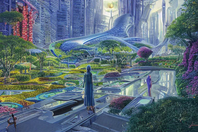 Prompt: oil painting, super - detailed scene of utopian floating zaha hadid city, cyberpunk garden, solarpunk, bioluminescent cyber - garden, japanese sci - fi books art, artwork by jean giraud, hd, 4 k, high quality