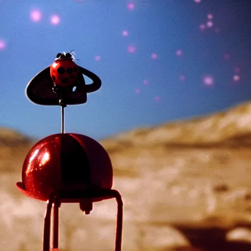 Image similar to promotional still wide angle, ladybug tripod roams a barren wasteland, dramatic lighting, ( e. t. the extra - terrestrial ), batteries not included, harry potter, imax, 7 0 mm.