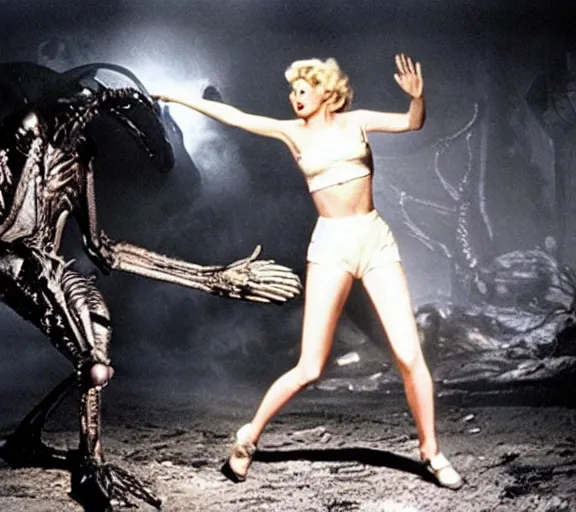 Prompt: a movie still of marlin monroe in the movie alien running from a xenomorph, fear, led lights, panic