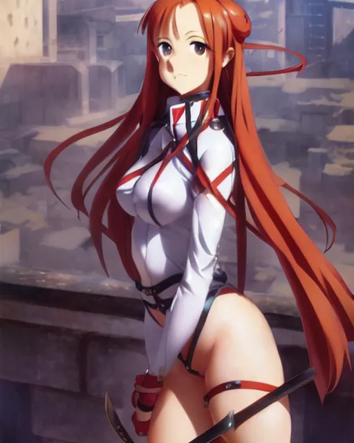 Image similar to pinup photo of asuna from sao in the crowded square of the city, asuna by a - 1 pictures, by by greg rutkowski, artgerm, gil elvgren, enoch bolles, glossy skin, pearlescent, anime, very coherent, sao style anime, flat