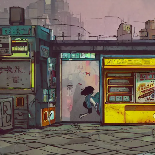 Image similar to incredible wide screenshot, ultrawide, simple watercolor, rough paper texture, ghost in the shell movie scene, backlit distant shot of girl in a parka running from a giant robot invasion side view, yellow parasol in deserted dusty shinjuku junk town, broken vending machines, bold graphic graffiti, old pawn shop, bright sun bleached ground, mud, fog, dust, windy, scary robot monster lurks in the background, ghost mask, teeth, animatronic, black smoke, pale beige sky, junk tv, texture, brown mud, dust, tangled overhead wires, telephone pole, dusty, dry, pencil marks, genius party,shinjuku, koji morimoto, katsuya terada, masamune shirow, tatsuyuki tanaka hd, 4k, remaster, dynamic camera angle, deep 3 point perspective, fish eye, dynamic scene