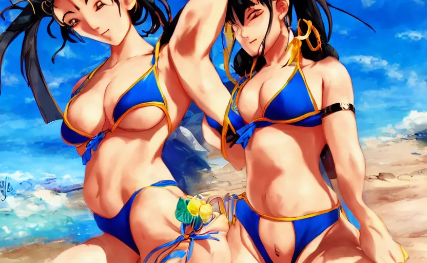 Prompt: chun li enjoying her holiday, wearing a bikini on the beach, sun dappled, pixiv, anime, digital art, kazushi hagiwara, doax, tomonobu itagaki