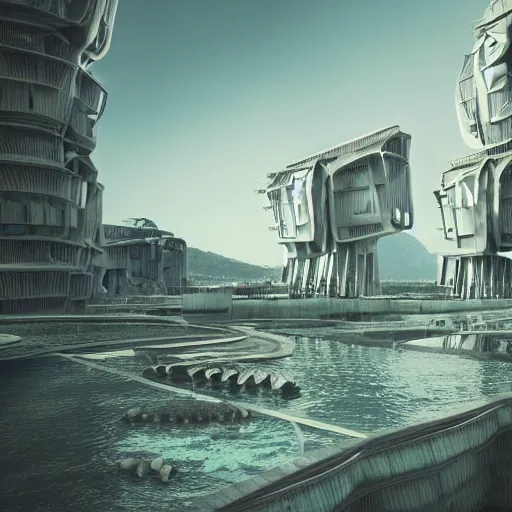 Prompt: scifi architecture, city, sustainable, ecology, green, parametric, brutal, concrete, people, sea, water, cinematic, realistic, octane render.