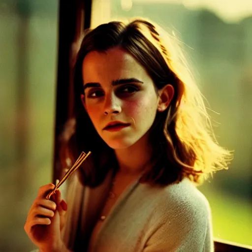 Image similar to Photograph of Emma Watson holding a joint by the window. Golden hour, dramatic lighting. Medium shot. CineStill