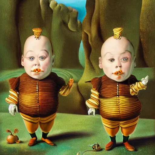 Image similar to portrait of the twins tweedledee and tweedledum in wonderland by salvador dali, detailed matte painting, digital art, 8 k