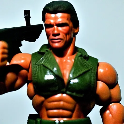 Image similar to a 12 inch action figure of Arnold Schwarzenegger from Commando. Big muscles. Holding an automatic rifle in his hands. Plastic shiny. Full body