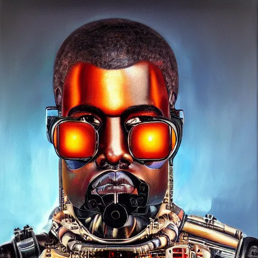 Image similar to a realistic oil painting of a cybernetic kanye west cyborg, surrealism portrait, post apocalyptic album cover