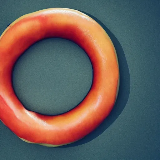 Image similar to Perfectly circular donut!!!!! in the style and shape of an apple!!!!!!, blended colors!!!!!, trending on artstation, 4k, 8k, professional photography, overhead shot, 35mm lens