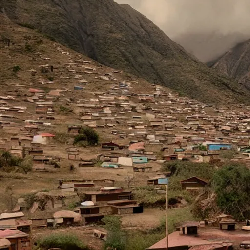 Prompt: cinematic shot from a wes anderson film showing a village in the andes