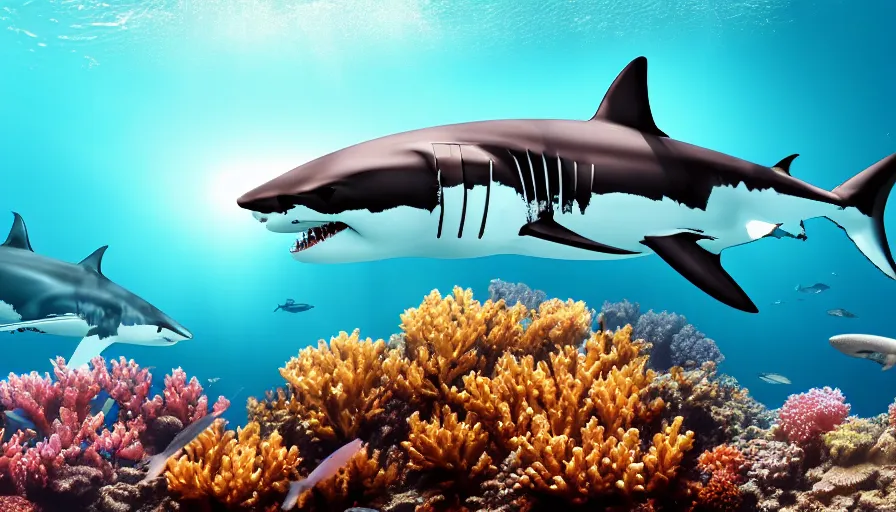 Image similar to a beautiful, noble, great white shark : 1, underwater scenery, beautiful colorful corals, remora and other sea creatures of the ocean - life, god - rays, volumetric lighting, 8 k, digital art