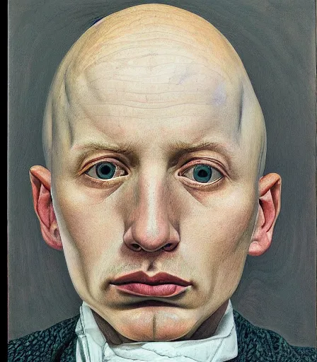 Prompt: a high quality, high detail, portrait of an attractive non - binary bald person by lucian freud