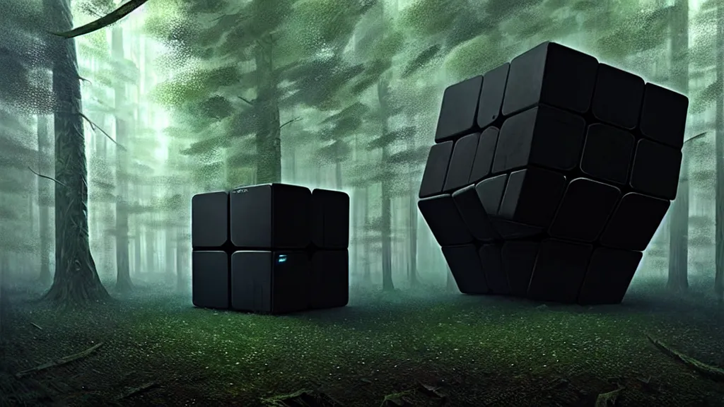 Prompt: a huge black alien cube with a strange texture from nanotechnology, forgotten and lost in the forest, detailed digital art by greg rutkowski.