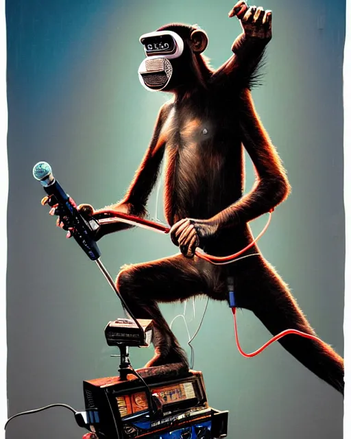 Image similar to a portrait of an anthropomorphic cyberpunk chimp shredding an electric guitar and singing into a microphone on a stand by sandra chevrier, by jon foster, detailed render, tape deck, epic composition, cybernetics, 4 k realistic, cryengine, realistic shaded lighting, sharp focus, masterpiece, by enki bilal