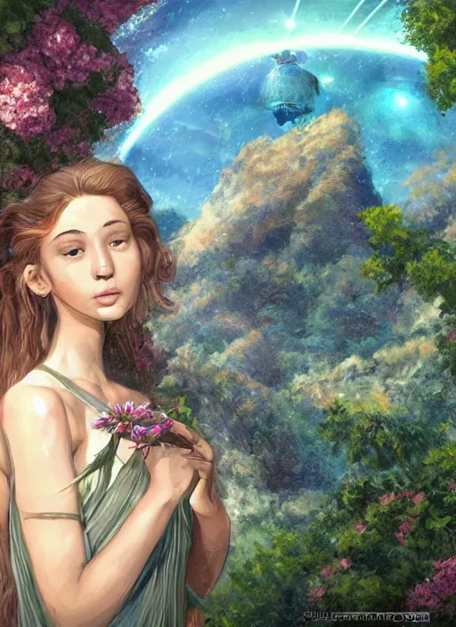 Image similar to portrait of teen Italian as a Celestial Goddess of a futuristic airforce, inside future fighter, sci-fi, fantasy, intricate, lush garden spaceship with sakura season flowers in Waimea canyon Kauai, elegant, human anatomy, royal green and nature light, royal blue emotions, highly detailed, digital painting, artstation, concept art, smooth, sharp focus, illustration, art by tian zi and James Jean and alphonse mucha, masterpiece