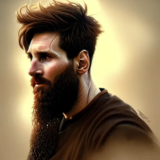 Image similar to Messi with a majestic beard, closeup, D&D, fantasy, intricate, elegant, highly detailed, digital painting, artstation, concept art, matte, sharp focus, illustration, art by Artgerm and Greg Rutkowski and Alphonse Mucha